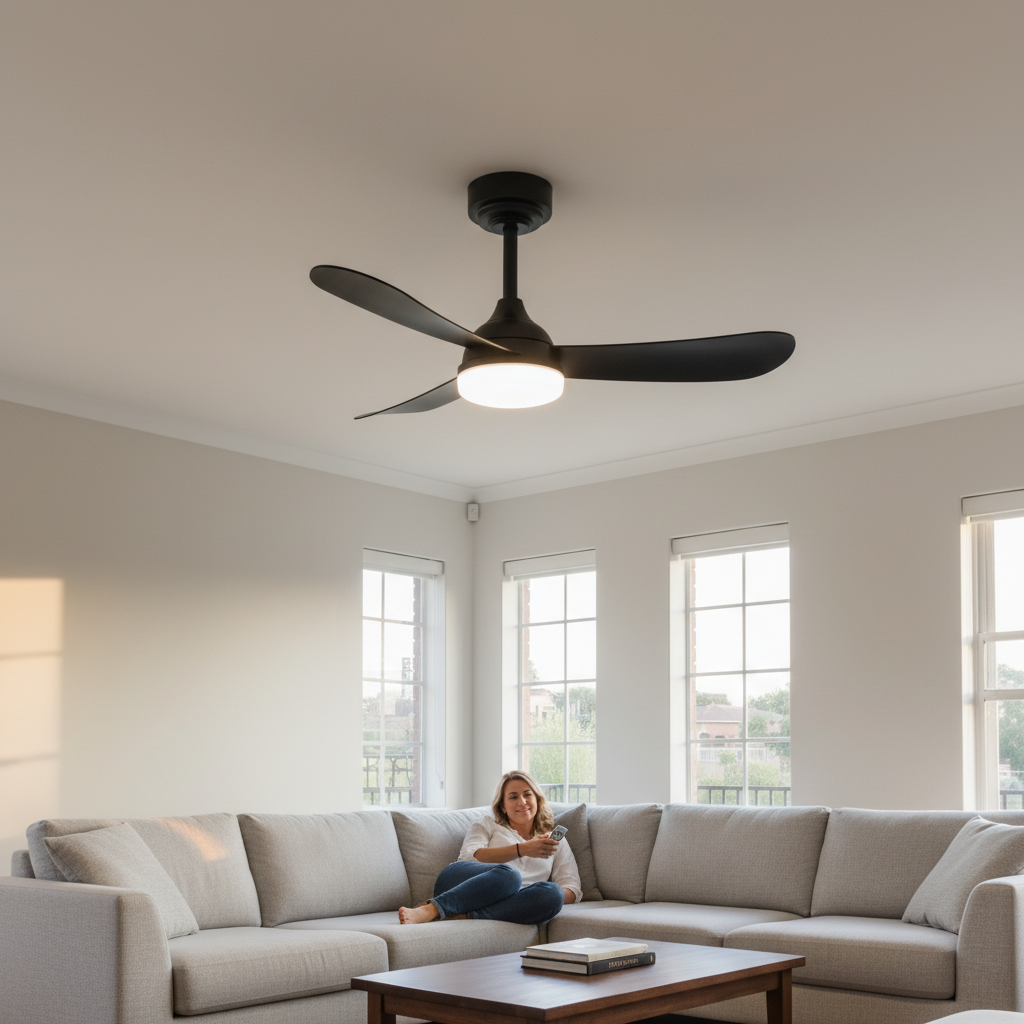 A black ceiling fan with integrated LED light hangs above a cozy living room with a woman relaxing on a sofa.
