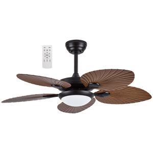 Ceiling fan with wooden blades and light fixture on a white background