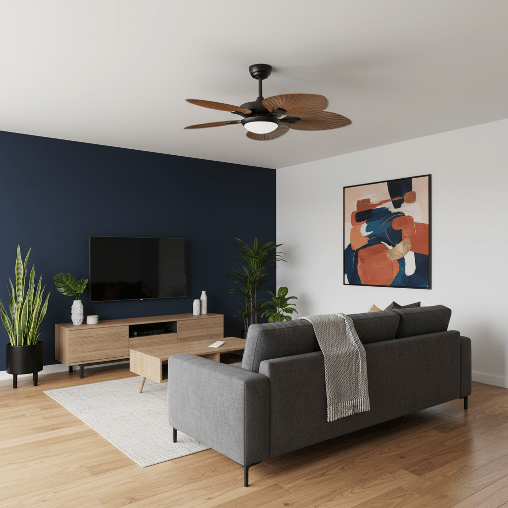 Modern living room with gray sofa, TV stand, and abstract art on wall.