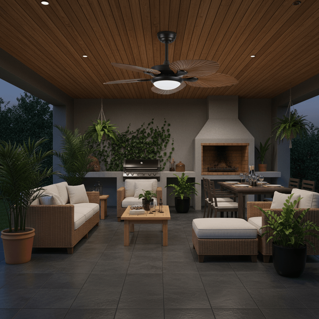 Outdoor patio area with furniture, plants, and a ceiling fan.