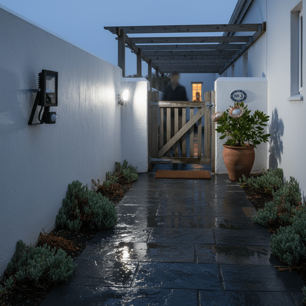 A motion floodlight illuminates a pathway beside a gate, enhancing outdoor security.