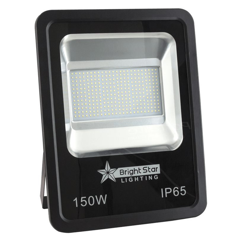 Black 150w led flood light with 'Bright Star Lighting' branding on a white background