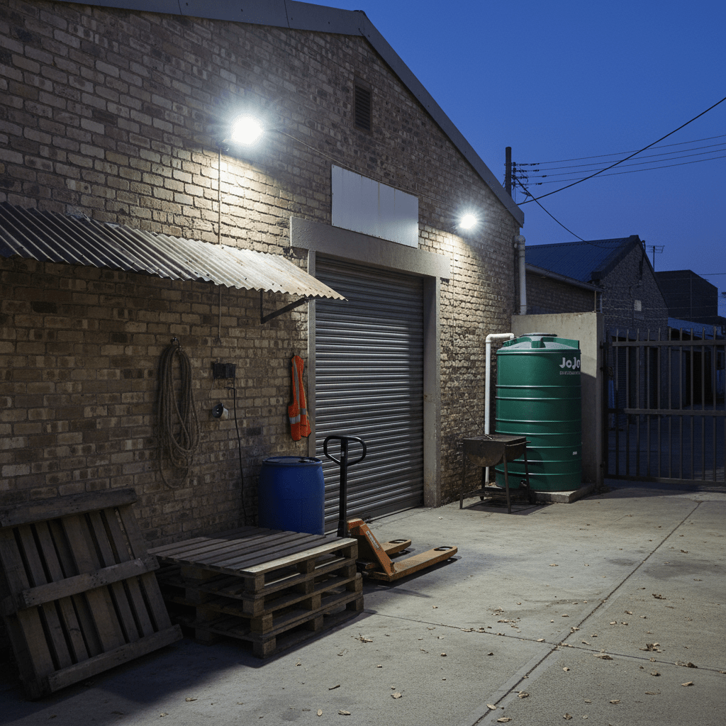 LED floodlights illuminating an outdoor area with pallets and a green water tank at dusk.