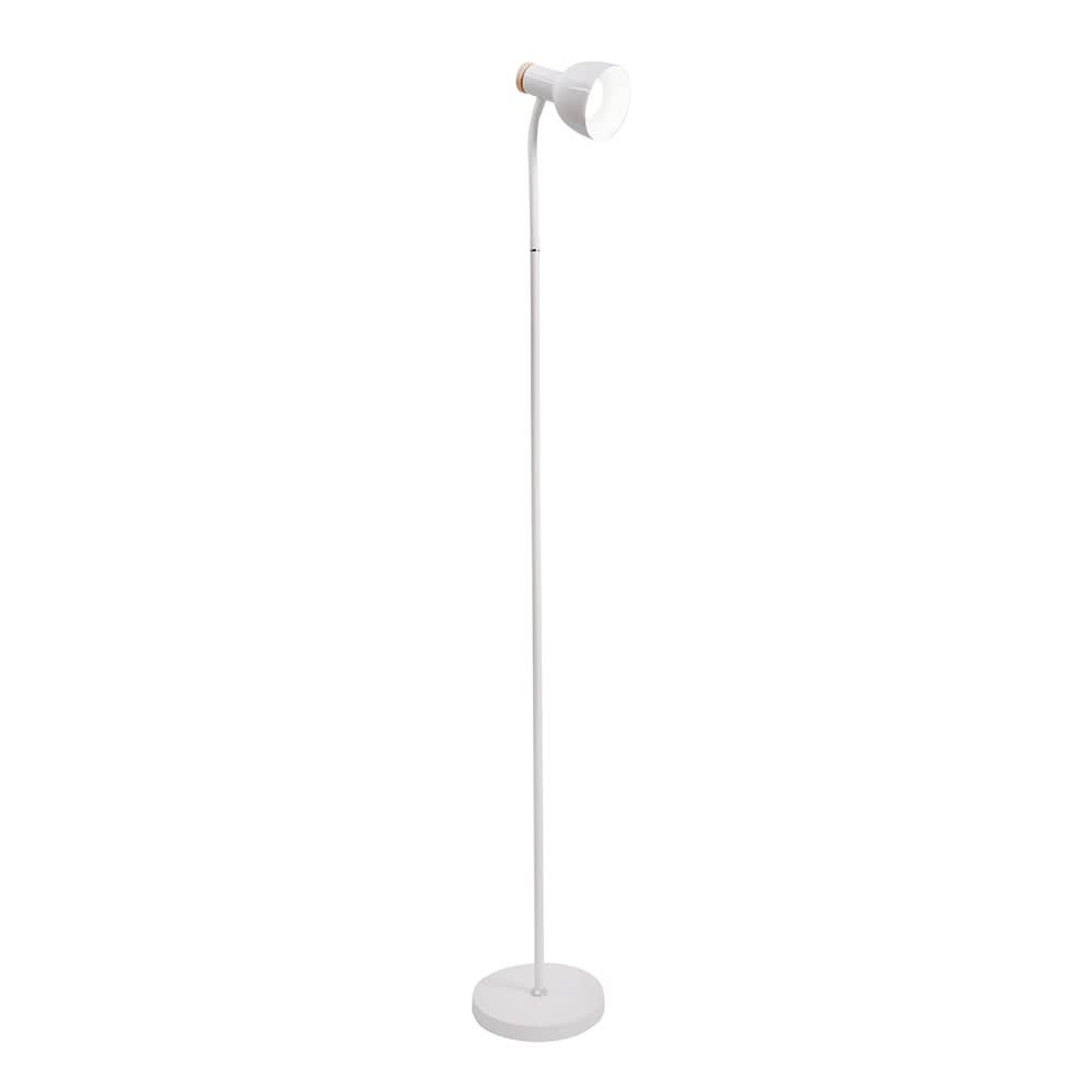 Elegant white arc floor lamp with a sleek design and wooden accent, ideal for modern interiors.