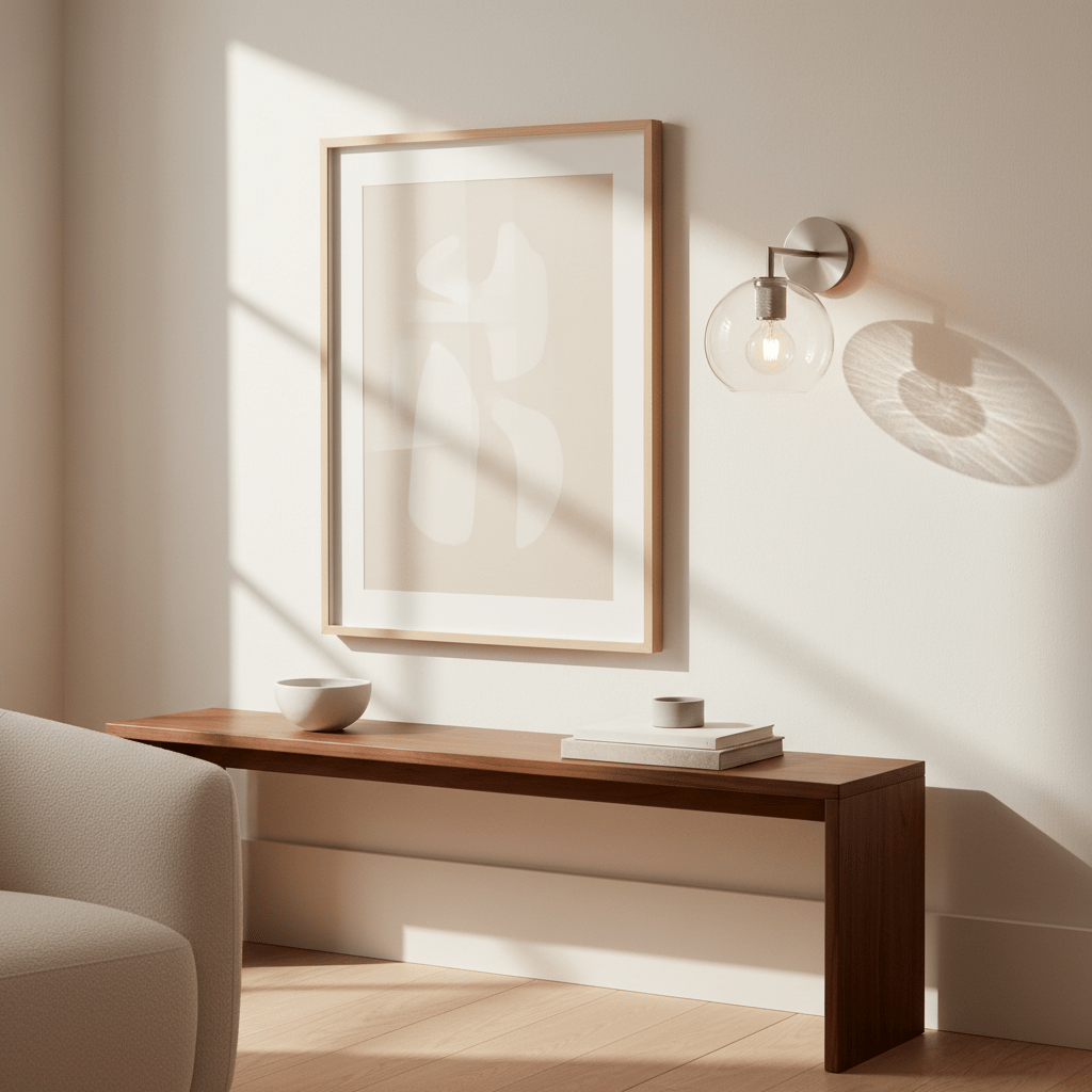Satin silver wall light mounted beside a framed artwork, casting soft shadows on the wall.