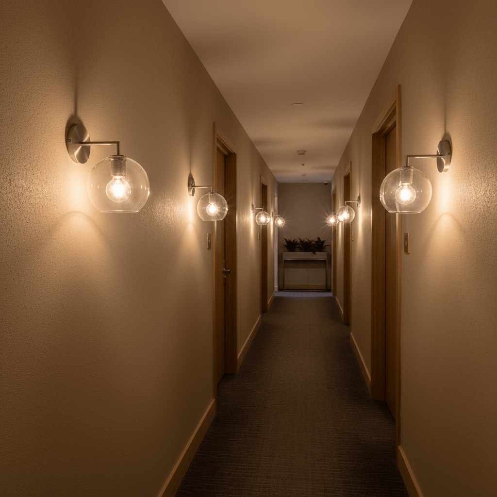 A hallway featuring multiple satin silver wall lights with glass globes, illuminating the space softly.