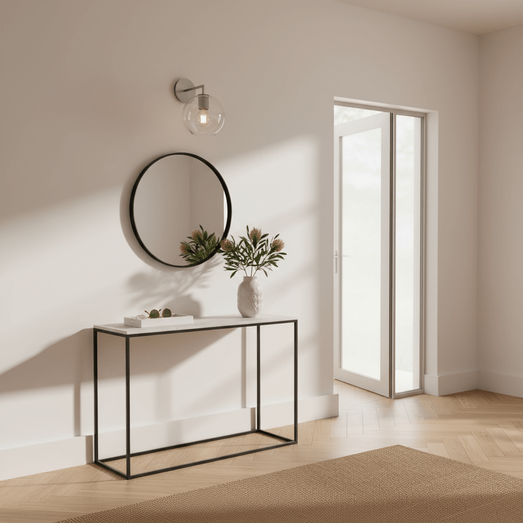 Satin silver wall light above a console table with a round mirror and vase of flowers.