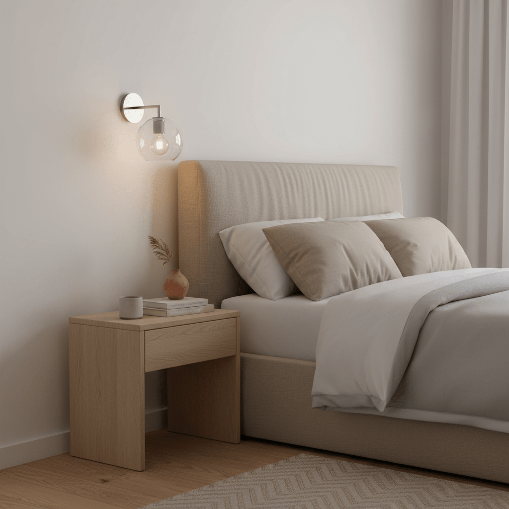 Satin silver wall light with glass globe above a cozy bed and wooden nightstand.