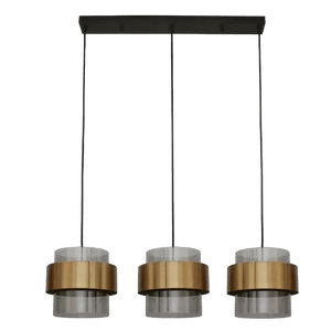 Three black pendant lights with brass rings and frosted glass shades hanging from a black rectangular bar
