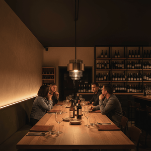 Three‑tier pendant light over a long wooden table with wine glasses, bottles and diners, wine rack shelves behind