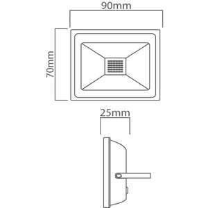 Detailed technical illustration of a 10W LED flood light showing dimensions and design features.