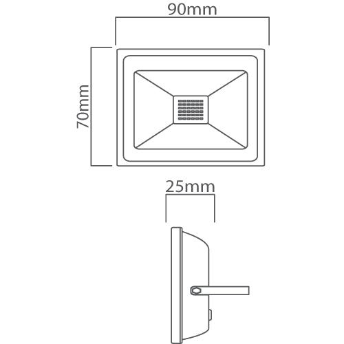 Detailed technical illustration of a 10W LED flood light showing dimensions and design features.