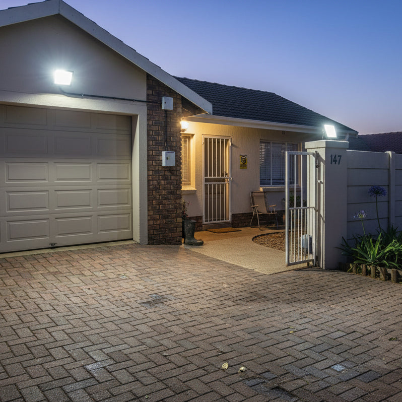 LED flood light twin pack illuminating a driveway and entrance at dusk, showcasing bright, reliable lighting.