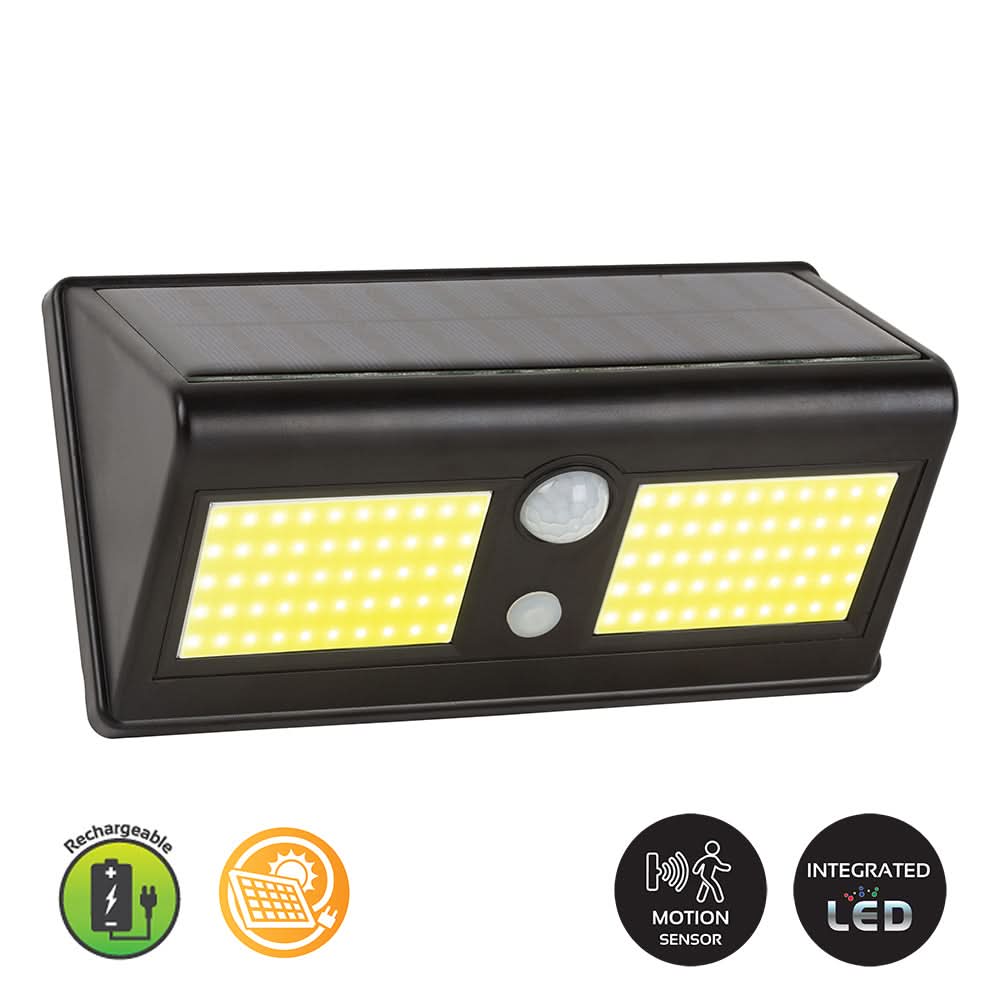 Close-up of a solar wall light featuring motion sensor and LED panels, ideal for outdoor use.
