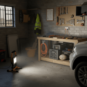 A portable LED floodlight illuminating a garage workspace with tools and a vehicle nearby.