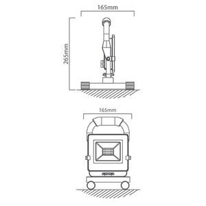Detailed view of a 20W portable LED floodlight showcasing its rugged design and dimensions.