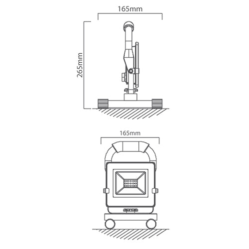 Detailed view of a 20W portable LED floodlight showcasing its rugged design and dimensions.
