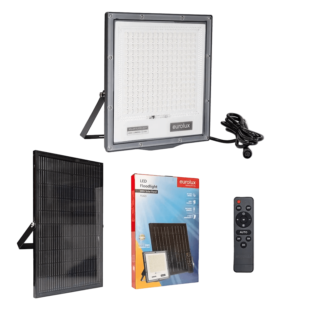 Solar LED floodlight with a white panel, black frame, solar panel, packaging, and remote control.