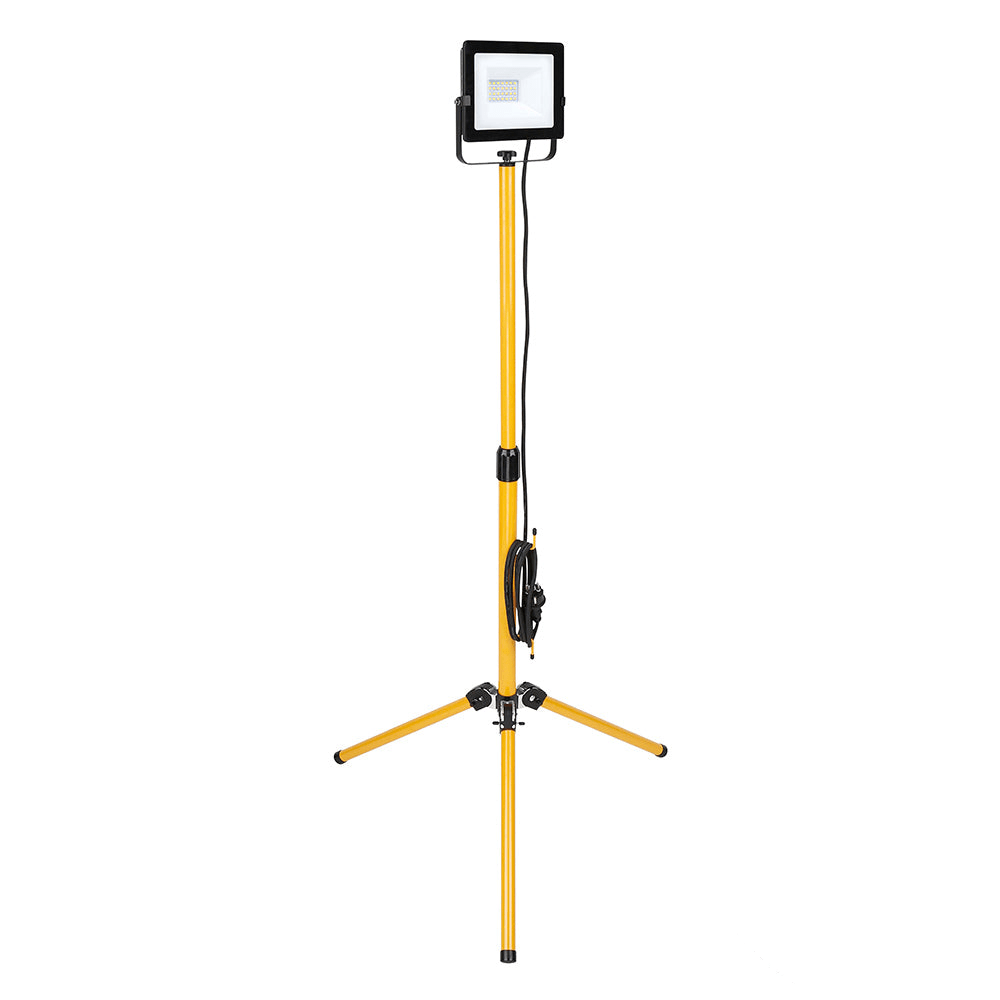 Yellow LED work light on a tripod with 'Integrated LED' label on a white background