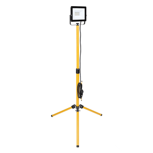 Yellow LED work light on a tripod with 'Integrated LED' label on a white background