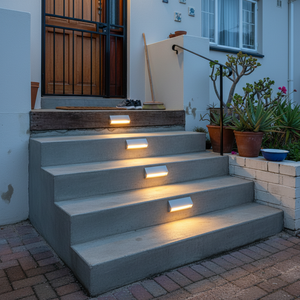 LED foot lights illuminating outdoor concrete stairs, enhancing safety and aesthetics.