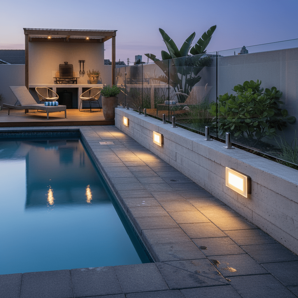 LED footlights illuminate a poolside walkway, providing gentle guidance along the edge.