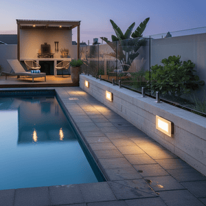 LED footlights illuminate a poolside walkway, providing gentle guidance along the edge.