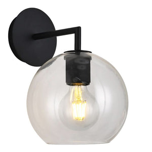 Satin silver wall light featuring a clear glass ball shade and exposed bulb, mounted on a black arm.