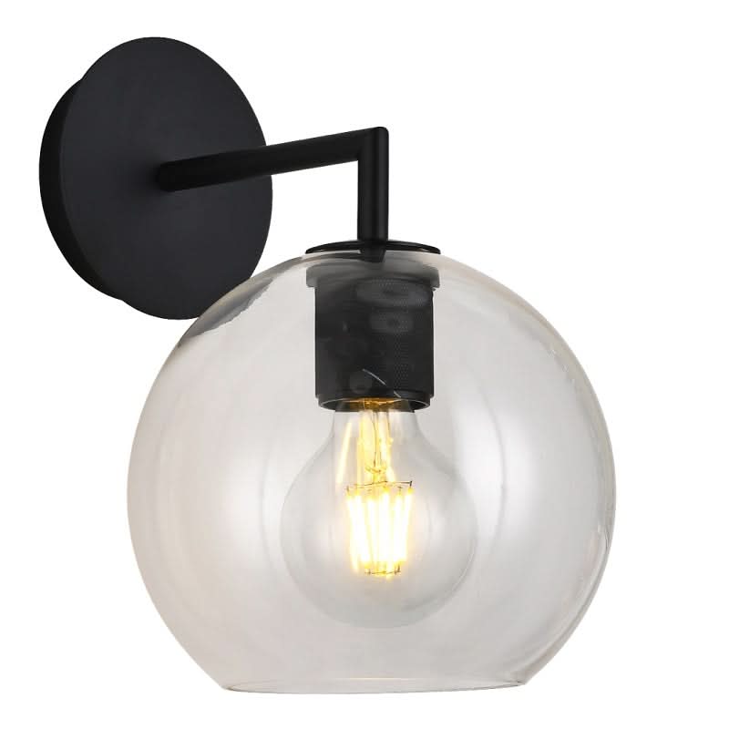 Satin silver wall light featuring a clear glass ball shade and exposed bulb, mounted on a black arm.