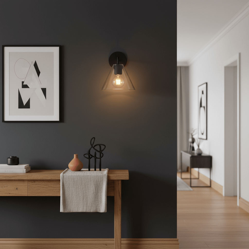 Black Trend wall light illuminating a stylish café interior with wooden table and modern decor.