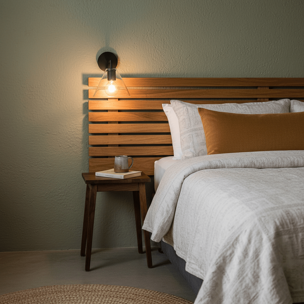 Black Trend wall light mounted beside a wooden headboard in a cozy bedroom setting.