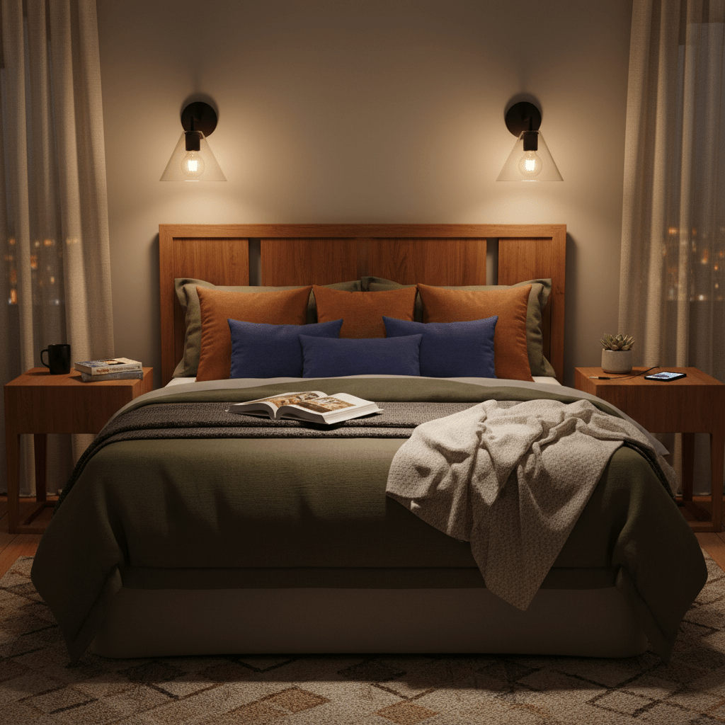 Stylish bedroom featuring a wooden bed with black wall lights, cozy bedding, and decorative pillows.