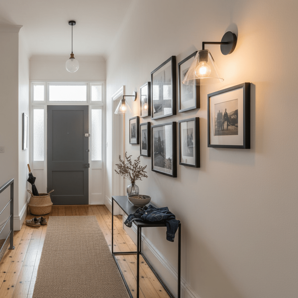 Black Trend wall light illuminating a gallery wall in a modern hallway with framed photos.