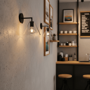 Two black Trend wall lights mounted on a textured wall, illuminating framed artwork in a café setting.