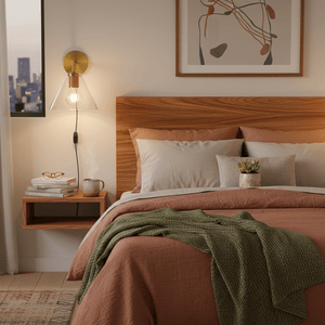 A stylish gold wall light illuminating a cozy bedroom with a wooden headboard and soft bedding.