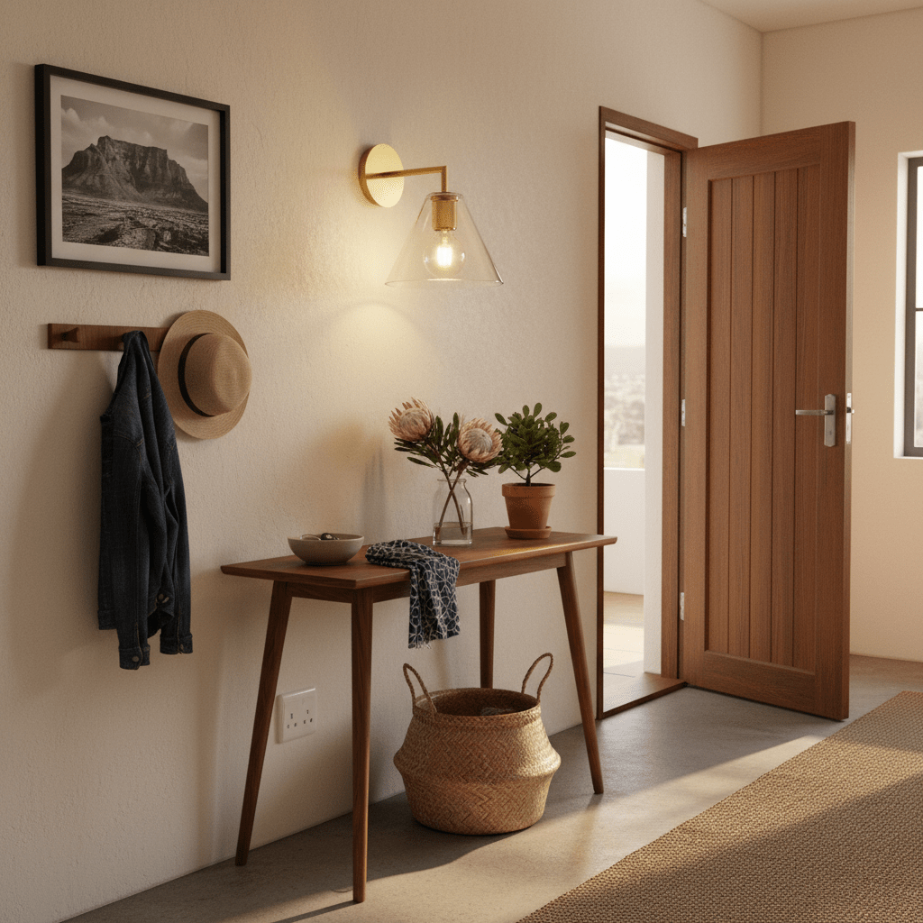 Stylish gold wall light illuminating a cozy entryway with a wooden console table and decor.