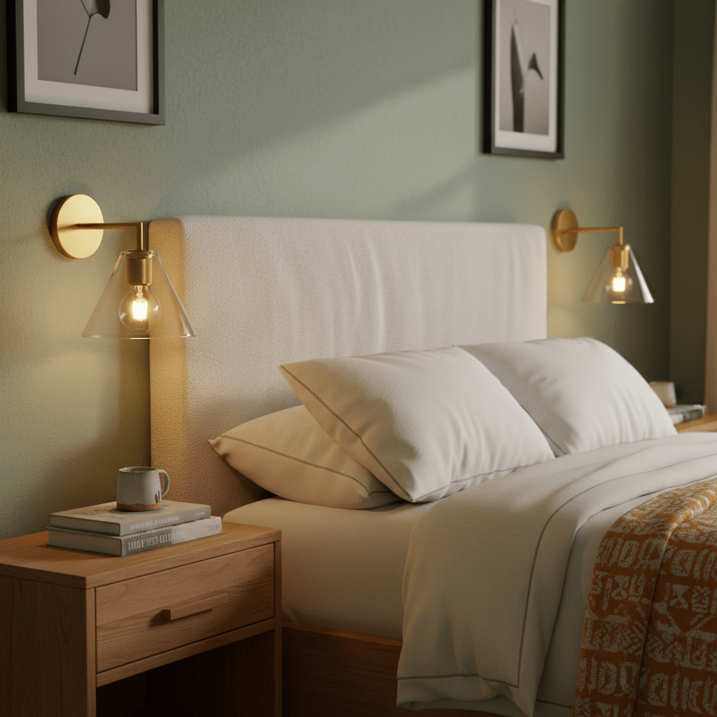 Gold wall light mounted beside a bed, illuminating a cozy bedroom with soft pillows and a wooden nightstand.