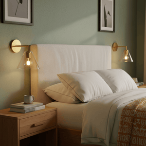 Gold wall light mounted beside a bed, illuminating a cozy bedroom with soft pillows and a wooden nightstand.