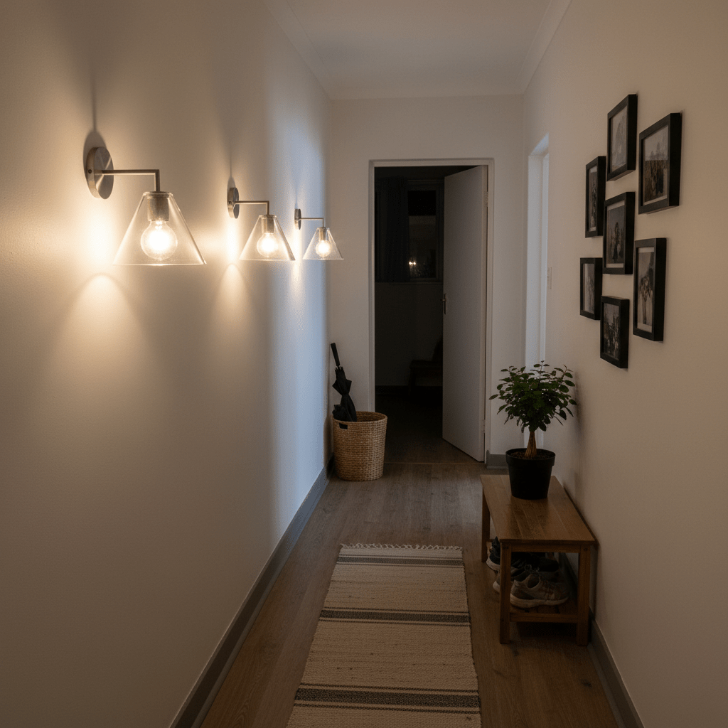 Three satin chrome wall lights with glass shades illuminating a stylish hallway with a wooden table and framed photos.