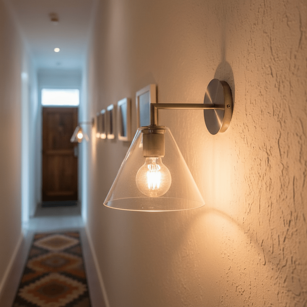 Satin chrome wall light with a glass shade illuminating a hallway, enhancing the space's ambiance.