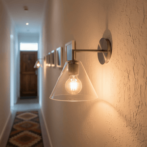 Satin chrome wall light with a glass shade illuminating a hallway, enhancing the space's ambiance.