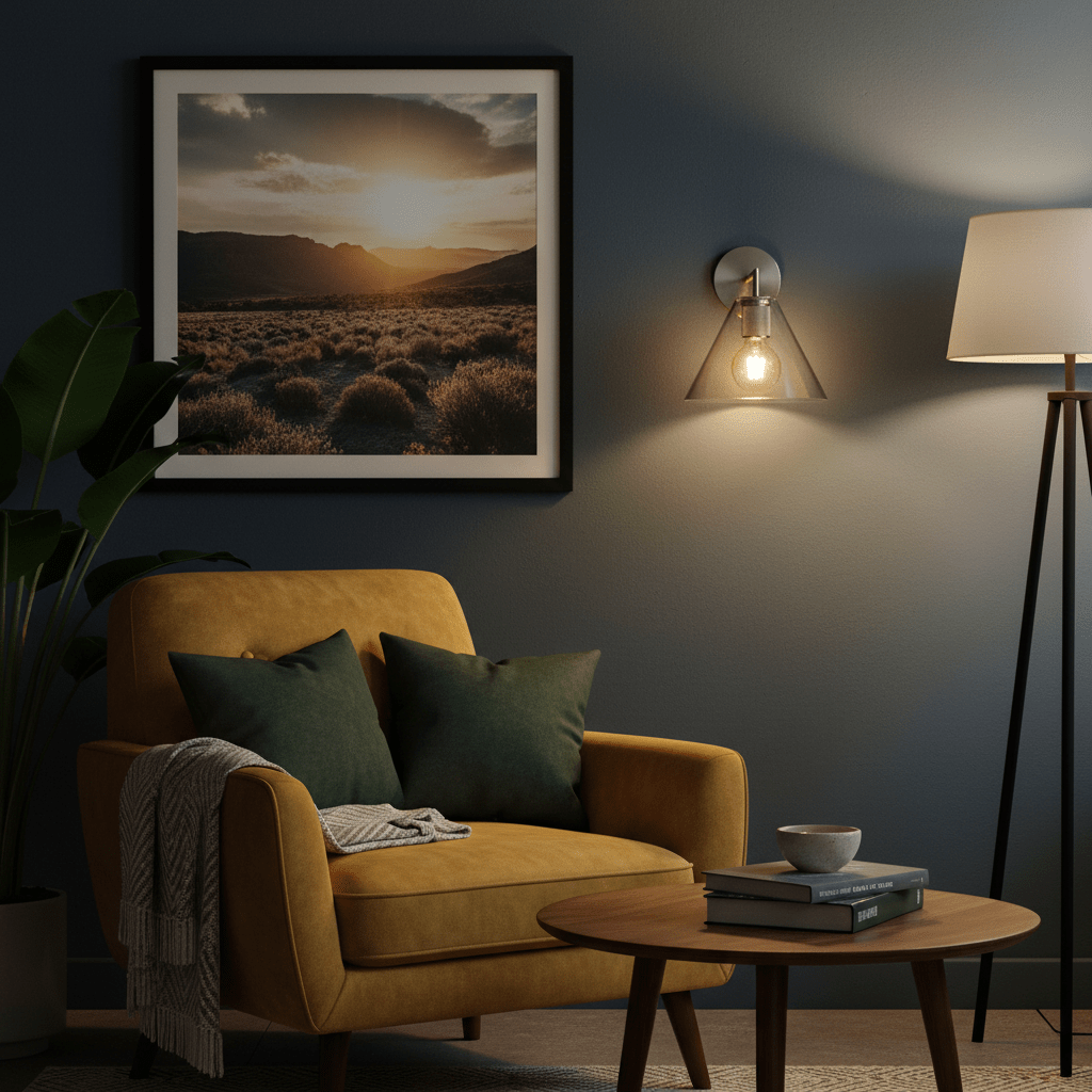 Satin chrome wall light illuminating a cozy lounge with a yellow armchair and framed landscape art.