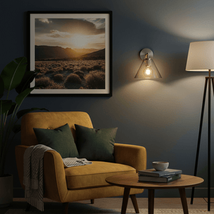 Satin chrome wall light illuminating a cozy lounge with a yellow armchair and framed landscape art.