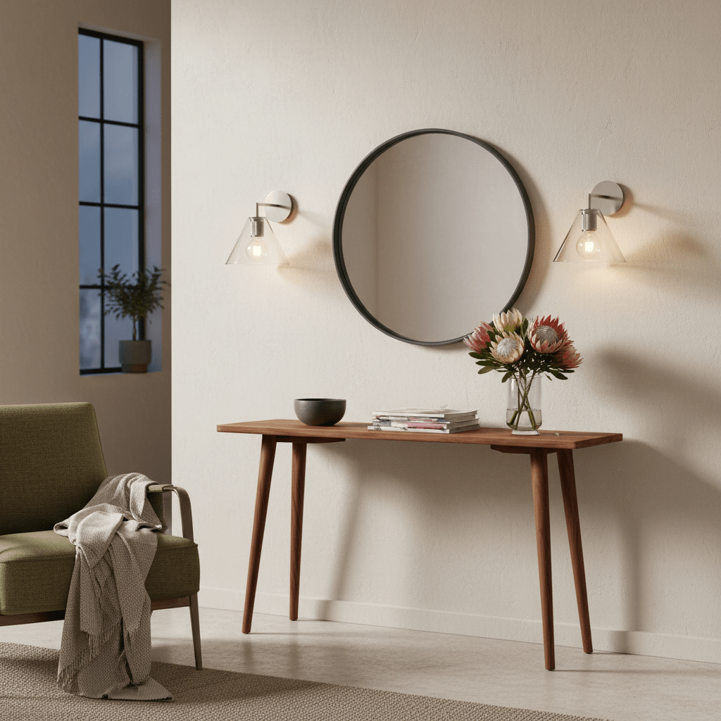 Satin chrome wall lights flanking a round mirror above a wooden console table with flowers.
