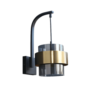 Black metal wall-mounted lamp with curved arm, hanging cable, and cylindrical glass shade featuring a brass band
