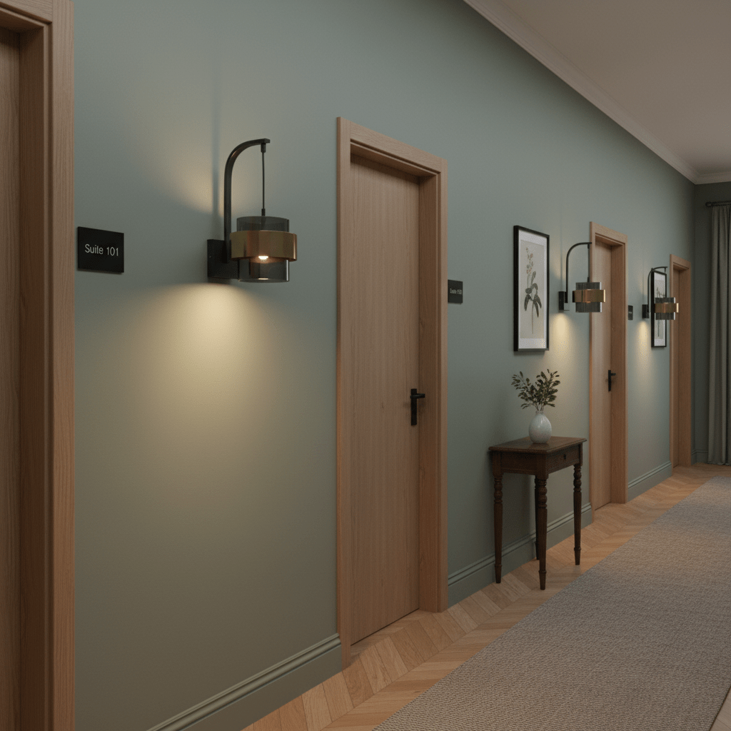 Hallway with wooden doors, black metal wall sconce with brass band and tinted glass lighting beside Suite 101 sign.