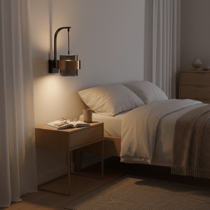Black wall-mounted lamp with brass band and tinted glass shade lights a nightstand with a book, glasses and cup.