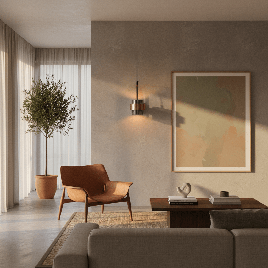 Modern wall-mounted LED sconce with metal and tinted glass, casting warm light beside a framed artwork.