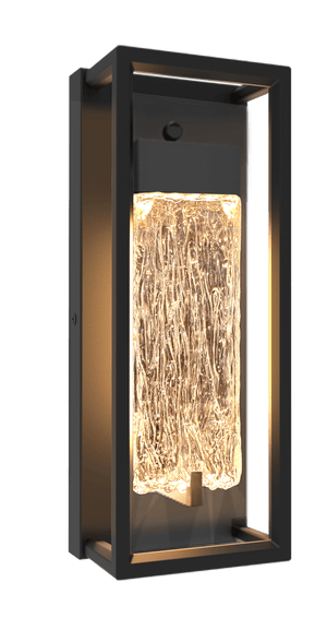 Black outdoor wall light fixture with a textured glass cover on a white background