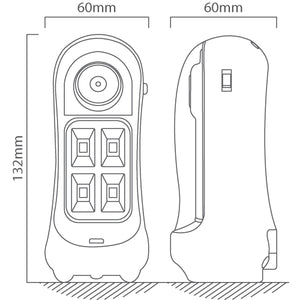 Side and front view diagram of a rechargeable plug-in emergency lantern, showing dimensions and design features.